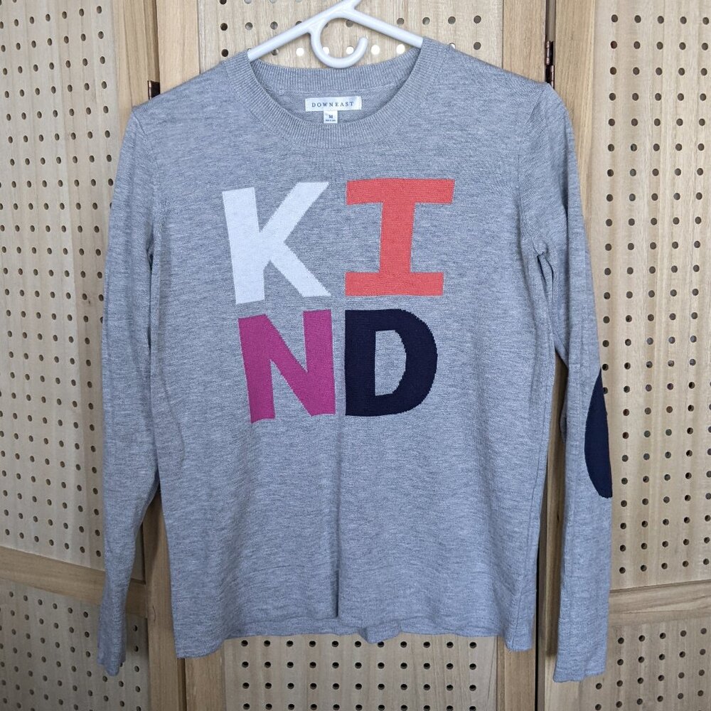 Downeast Women's heather gray "KIND" sweater with elbow patches